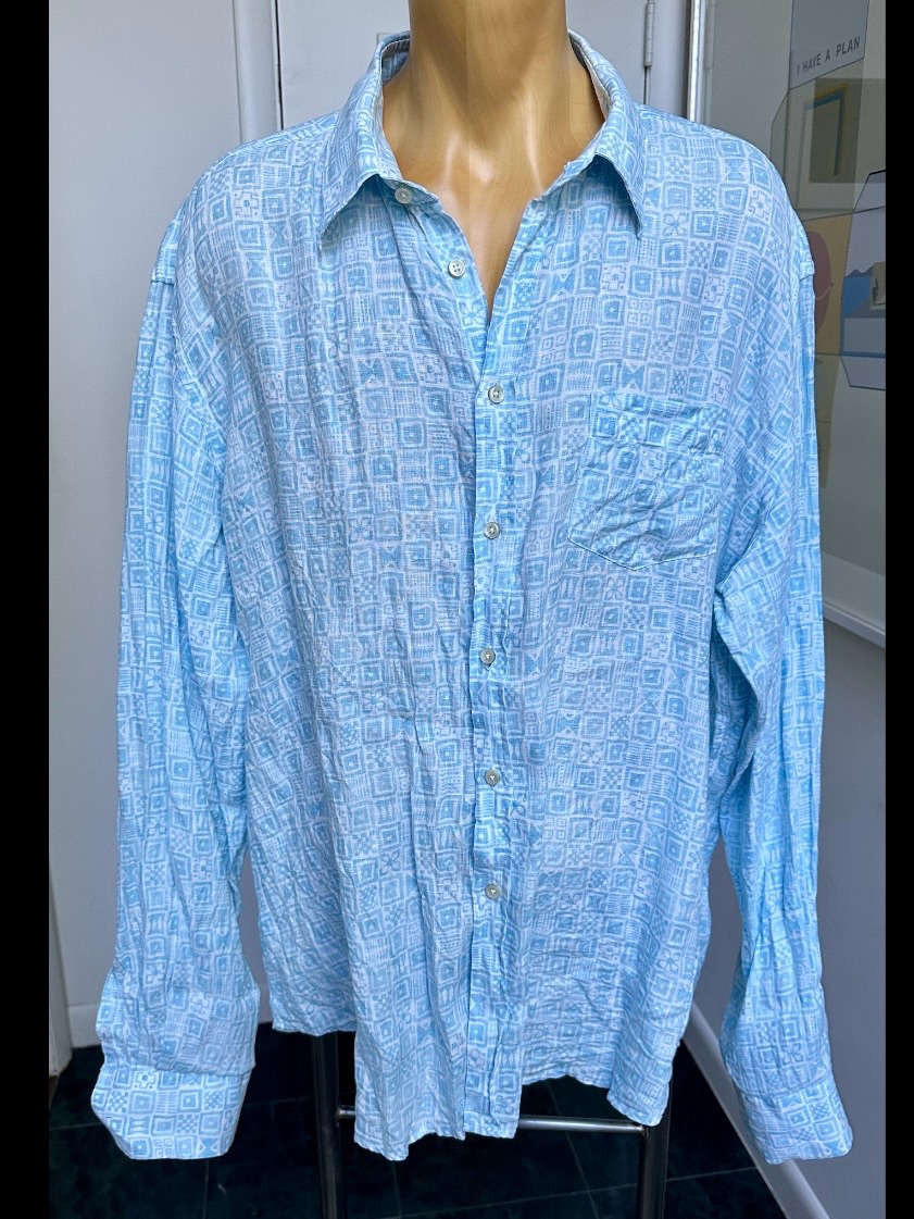 Vilebrequin Mens Button Front Shirt 100% Linen Blue White Tropical Print 4xl Ec